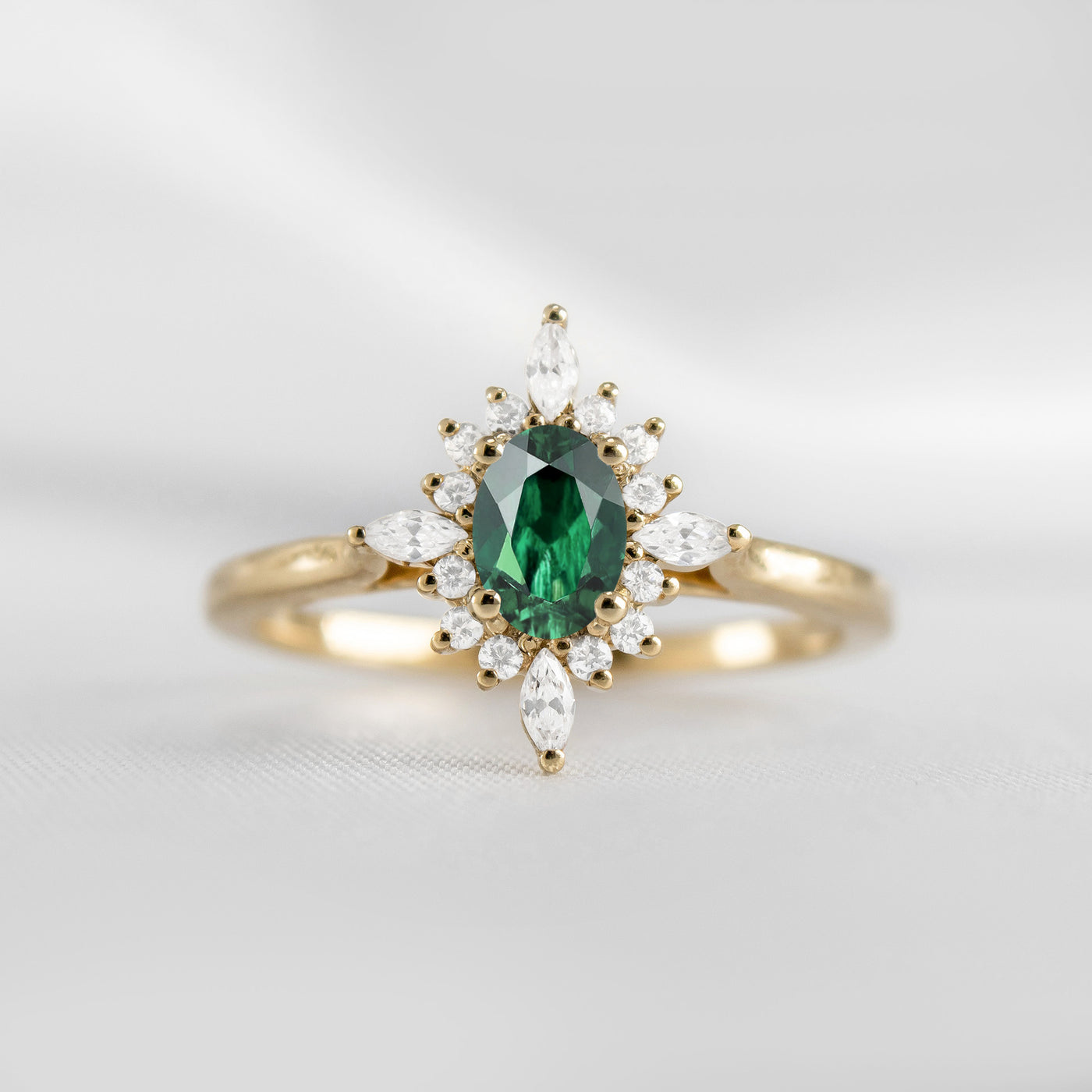 Shown in 1.0 carat Green Emerald* The Revel Green Emerald and Diamond Halo Engagement Ring | Lisa Robin#color_14k-yellow-gold