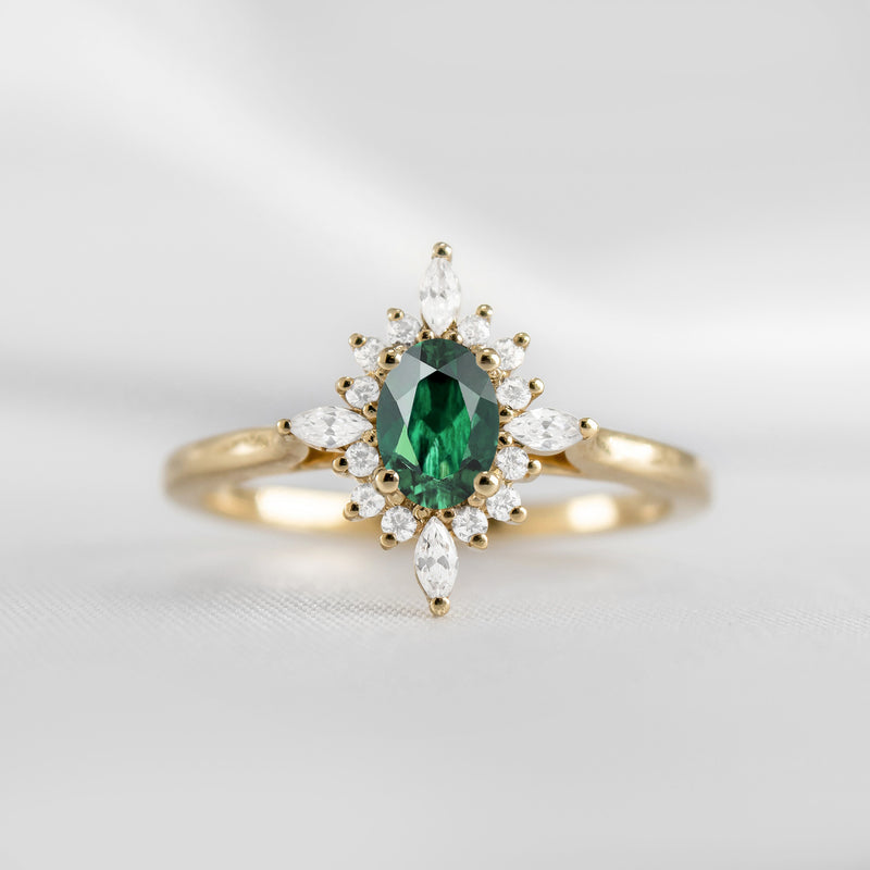 Shown in 1.0 carat Green Emerald* The Revel Green Emerald and Diamond Halo Engagement Ring | Lisa Robin