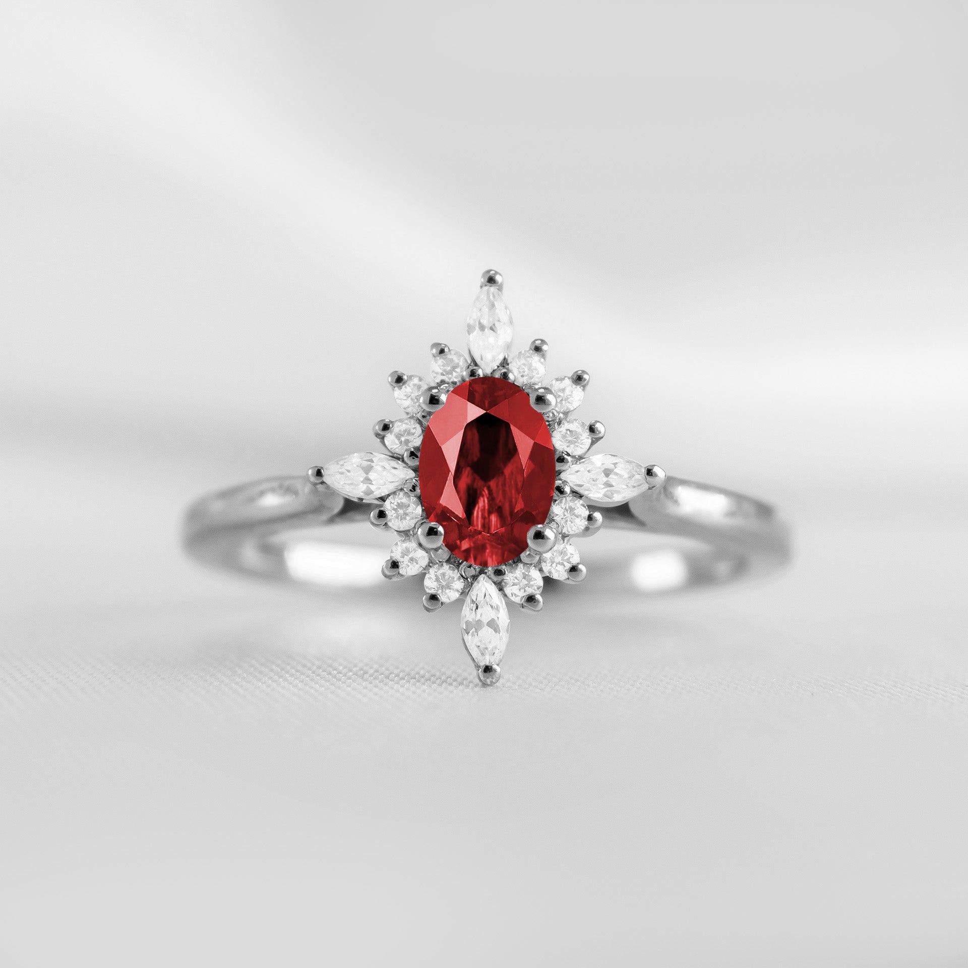 Shown in 1.0 carat Ruby* The Revel Ruby and Diamond Halo Engagement Ring | Lisa Robin#color_14k-white-gold
