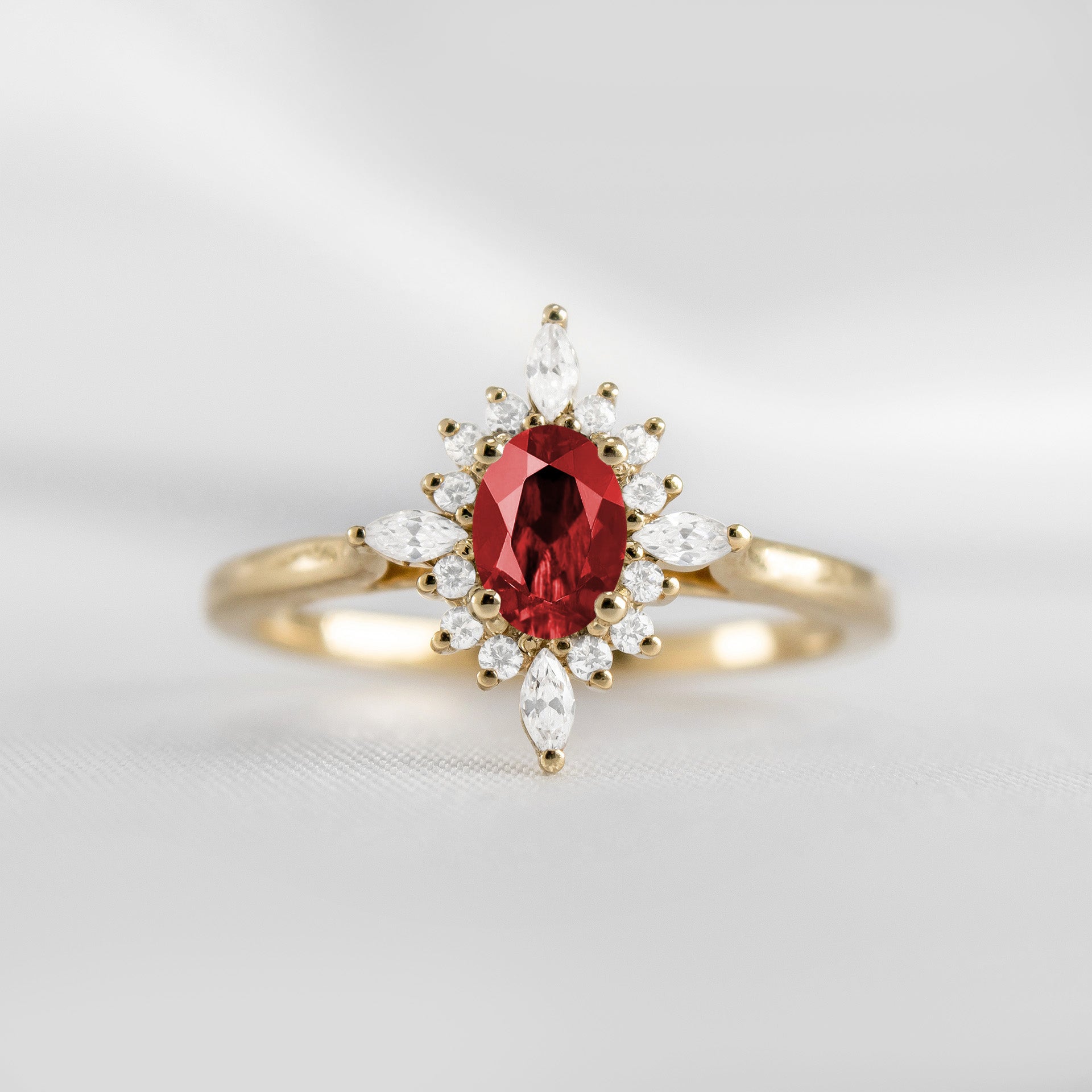 Shown in 1.0 carat Ruby* The Revel Ruby and Diamond Halo Engagement Ring / Lisa Robin#color_14k-yellow-gold