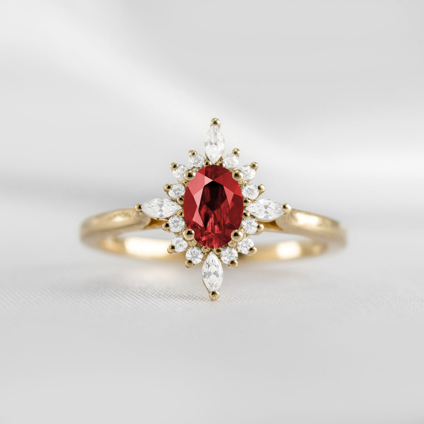 Shown in 1.0 carat Ruby* The Revel Ruby and Diamond Halo Engagement Ring | Lisa Robin#color_14k-yellow-gold