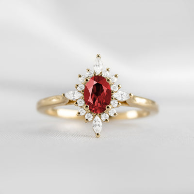 Shown in 1.0 carat Ruby* The Revel Ruby and Diamond Halo Engagement Ring | Lisa Robin#color_14k-yellow-gold