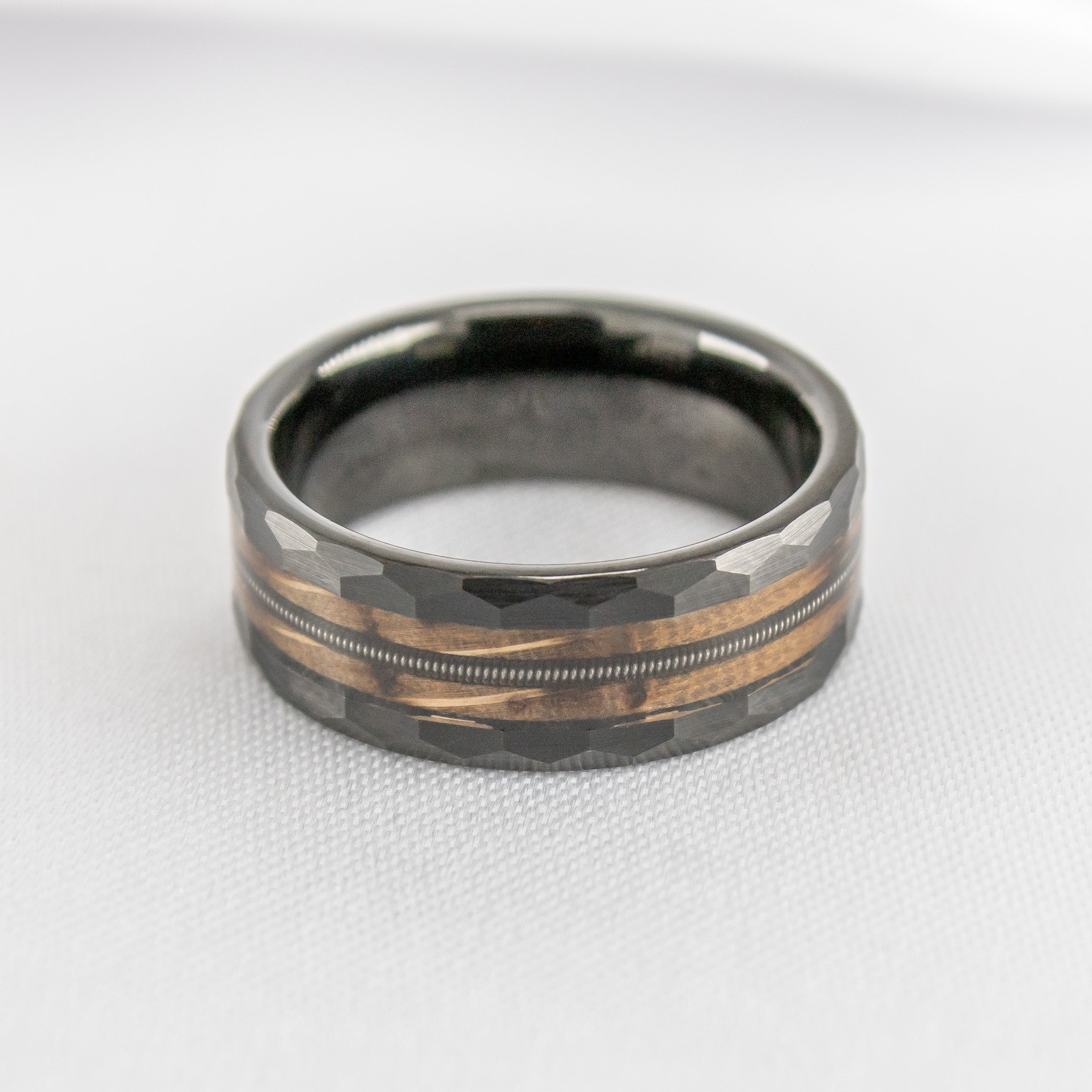 Riff Black Tungsten with Charred Whiskey Barrel and Guitar String Ring - Lisa Robin