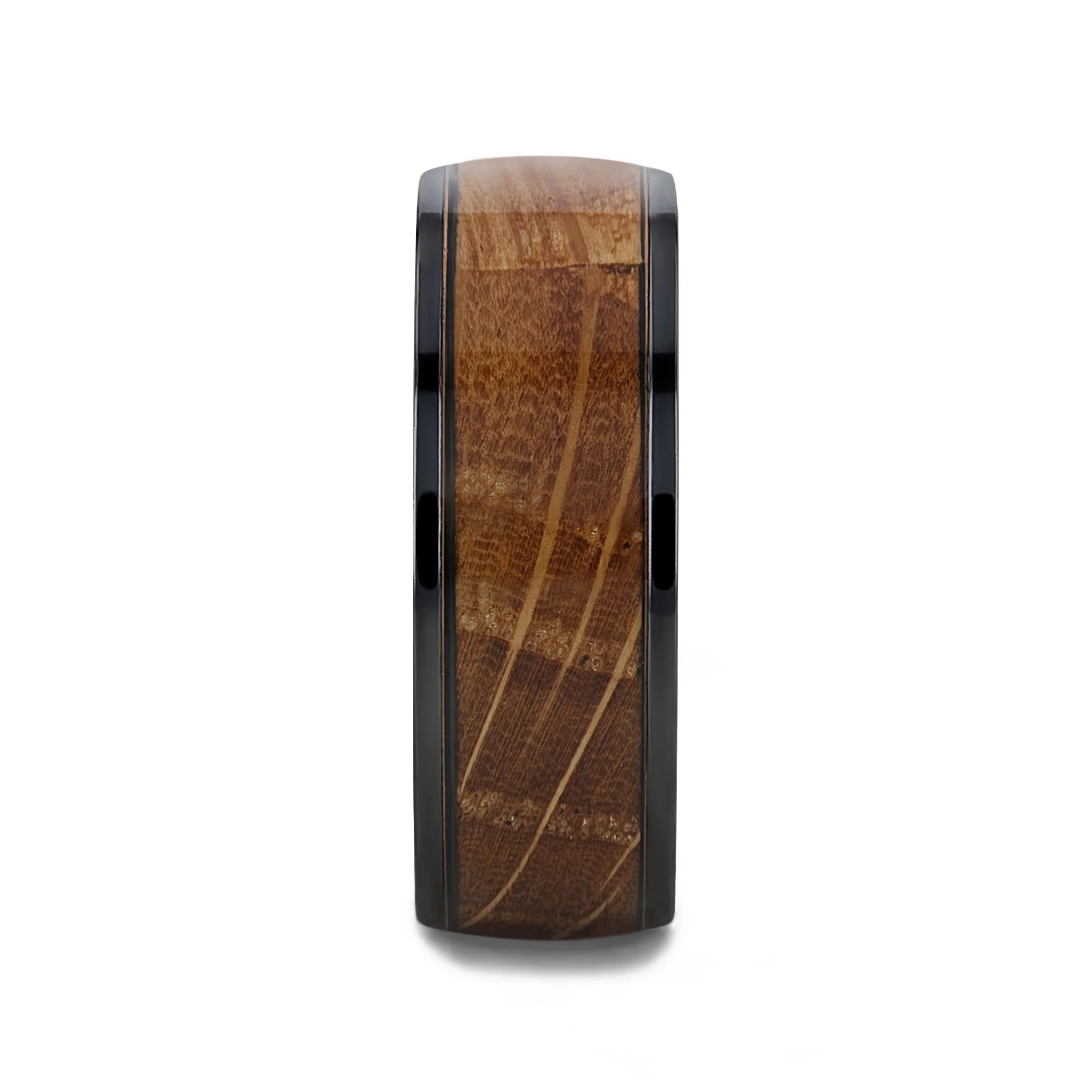 Scotch Black Ceramic Ring with Whiskey Barrel Wood Inlay