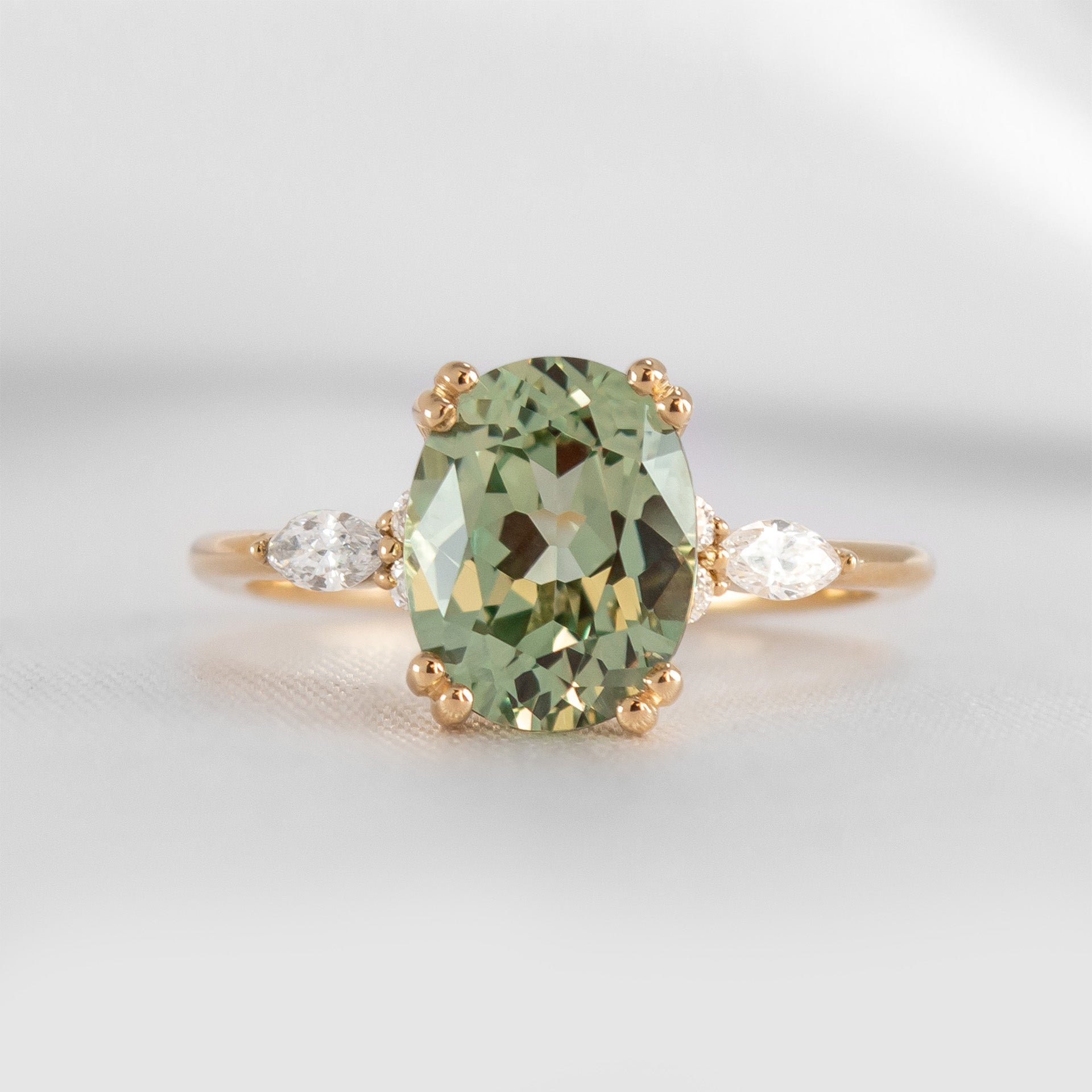 Shown in 2.0 ct Green Sapphire Double Prongs *The Sophia Sapphire with Marquise Diamond Accented Solitaire Engagement Ring#color_14k-yellow-gold