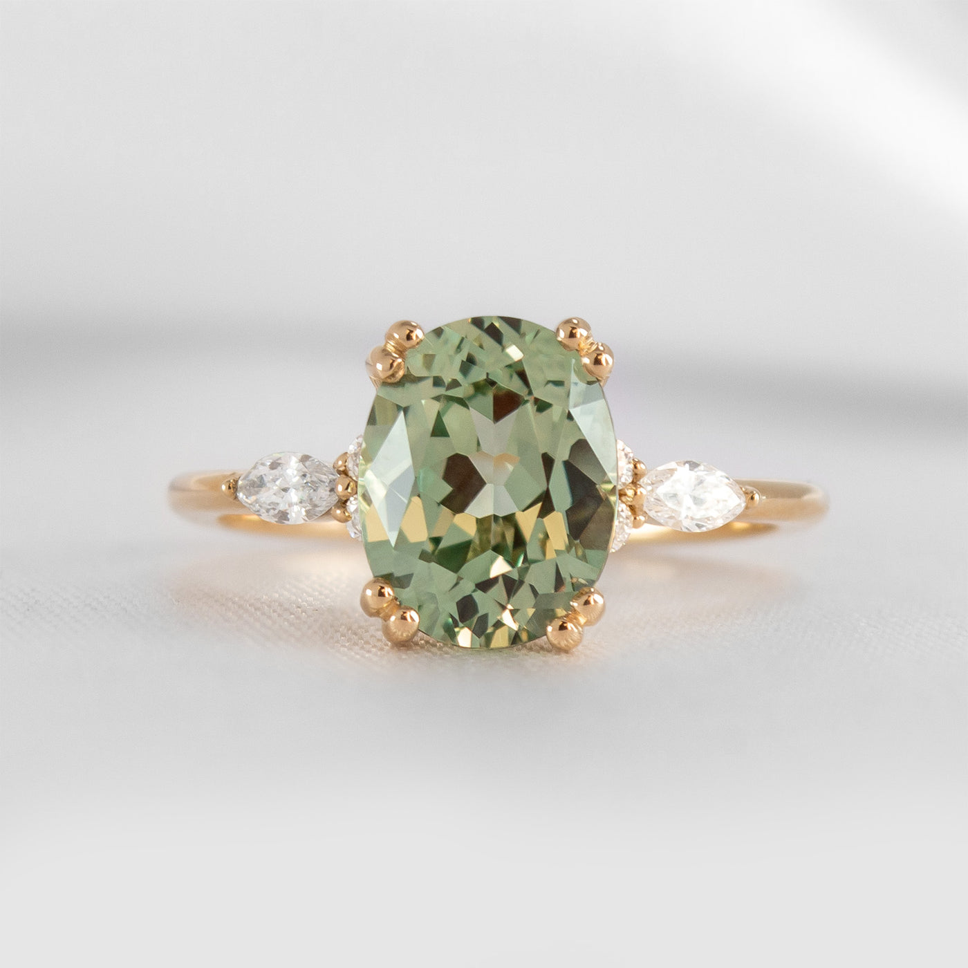 Shown in 2.0 ct Green Sapphire Double Prongs *The Sophia Sapphire with Marquise Diamond Accented Solitaire Engagement Ring#color_14k-yellow-gold