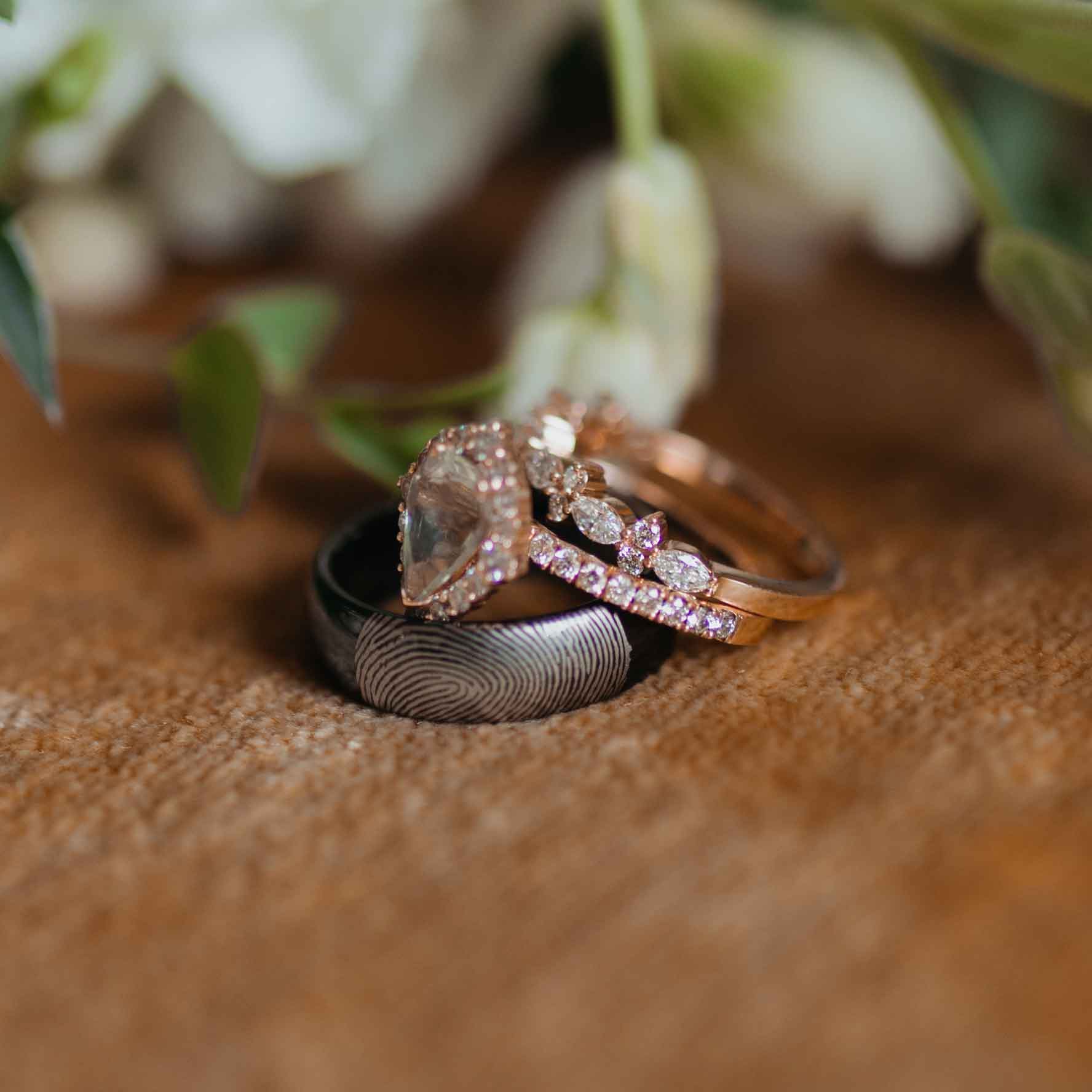 The Sierra Aquamarine Pear Halo Wedding Set