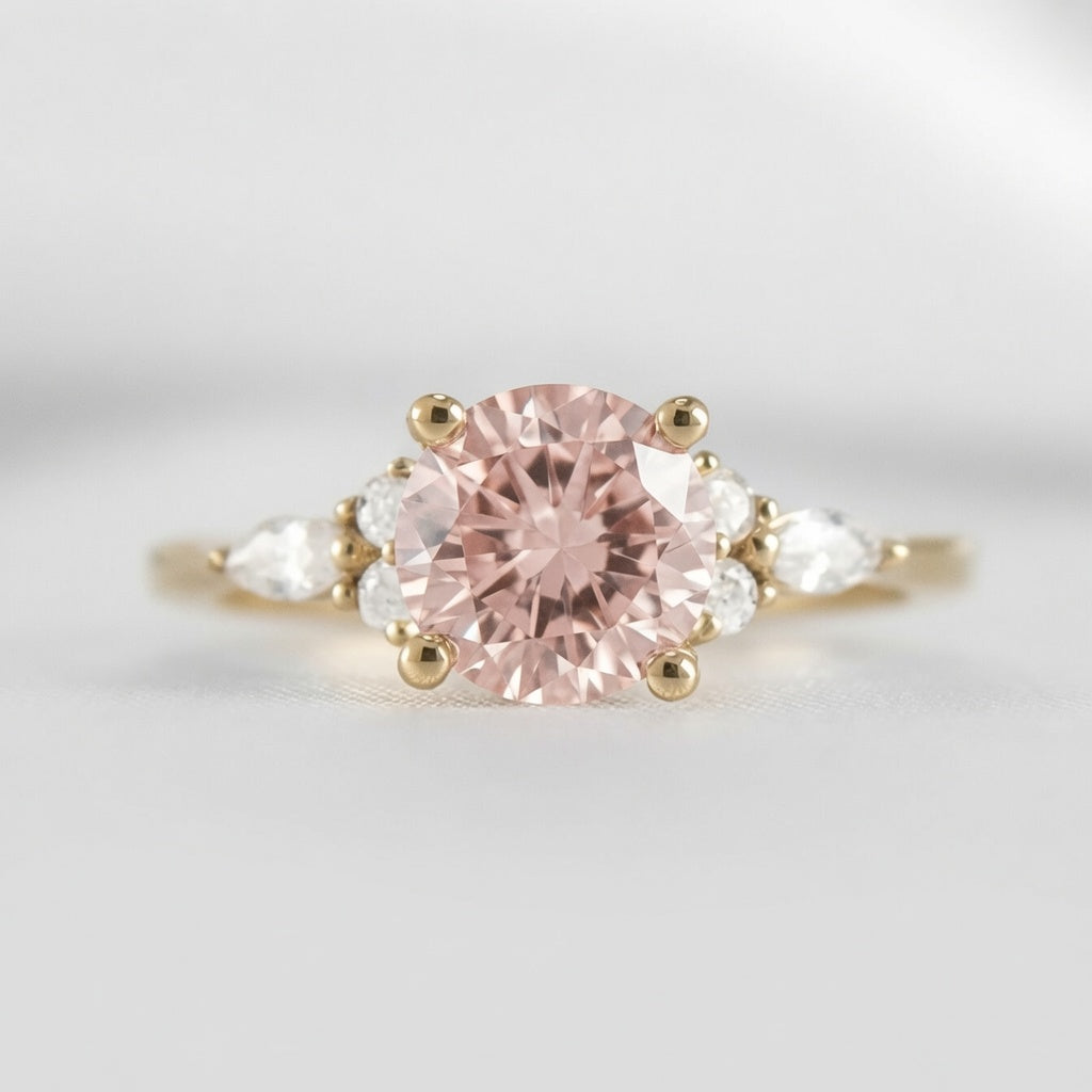 Shown in 2 Carat Morganite*The Sophia morganite diamond side stone Engagement Ring with round cut diamond in yellow gold from front by Lisa Robin#color_14k-yellow-gold