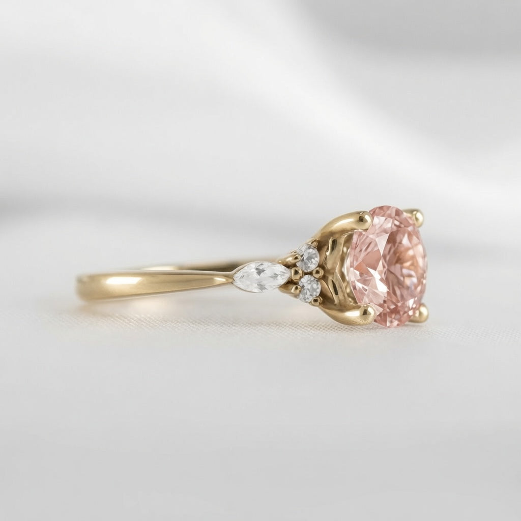 Shown in 2 Carat Morganite*The Sophia morganite diamond side stone Engagement Ring with round cut diamond in yellow gold from side view by Lisa Robin#color_14k-yellow-gold