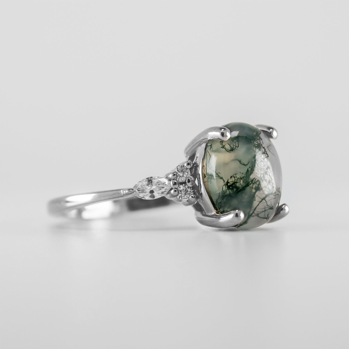 Shown in 10x8mm Moss Agate*The Sophia Oval Moss Agate Lab Diamond Accented Engagement Ring | Lisa Robin#color_14k-white-gold