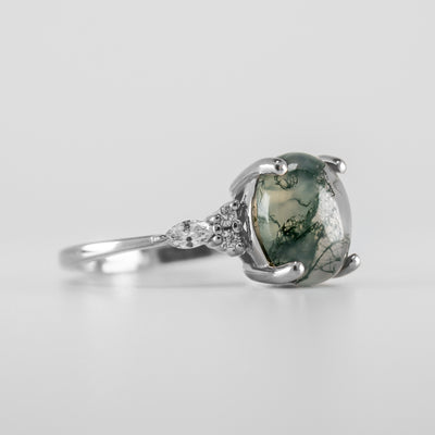Shown in 10x8mm Moss Agate*The Sophia Oval Moss Agate Lab Diamond Accented Engagement Ring | Lisa Robin#color_14k-white-gold