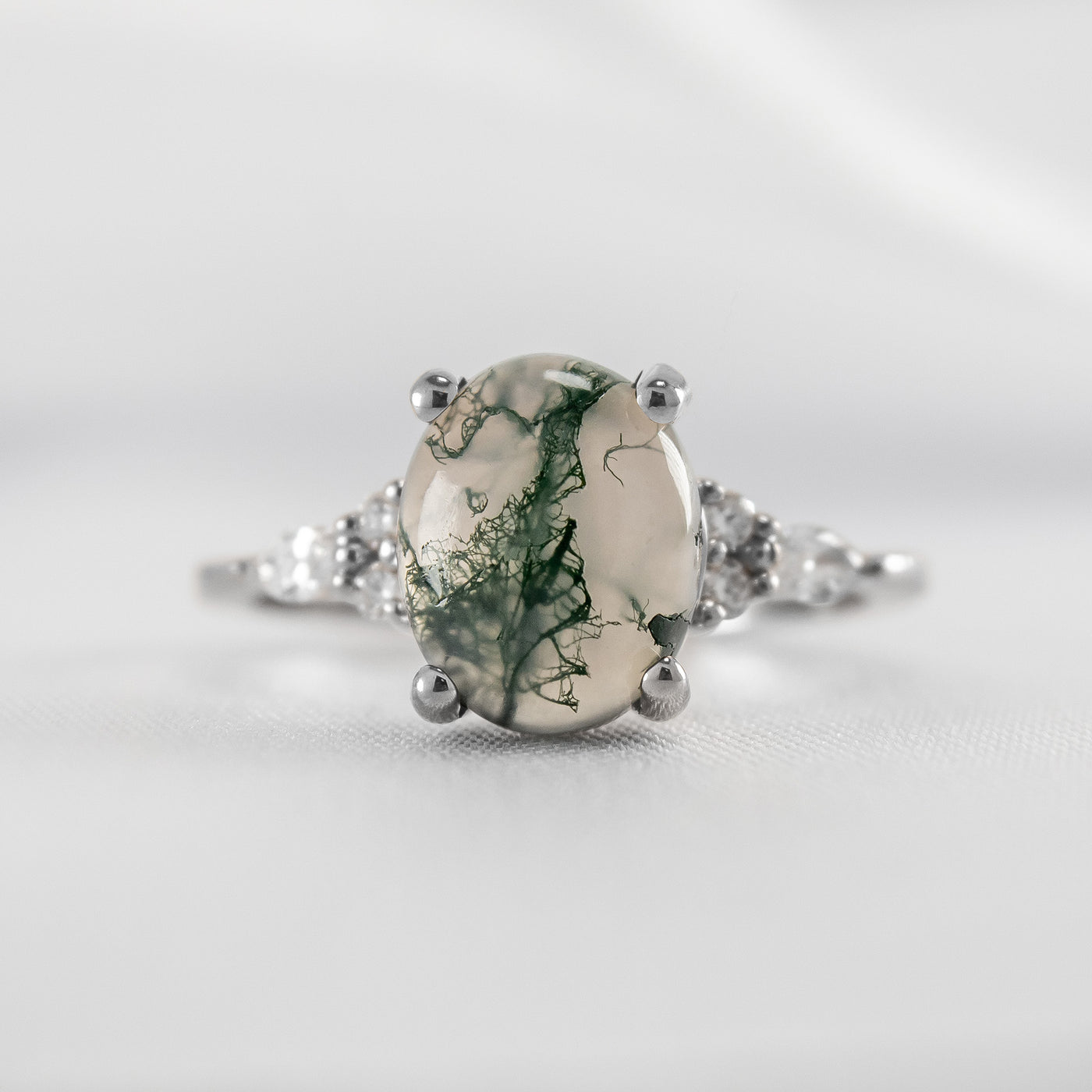 Shown in 10x8mm Moss Agate*The Sophia Oval Moss Agate Lab Diamond Accented Engagement Ring | Lisa Robin#color_14k-white-gold