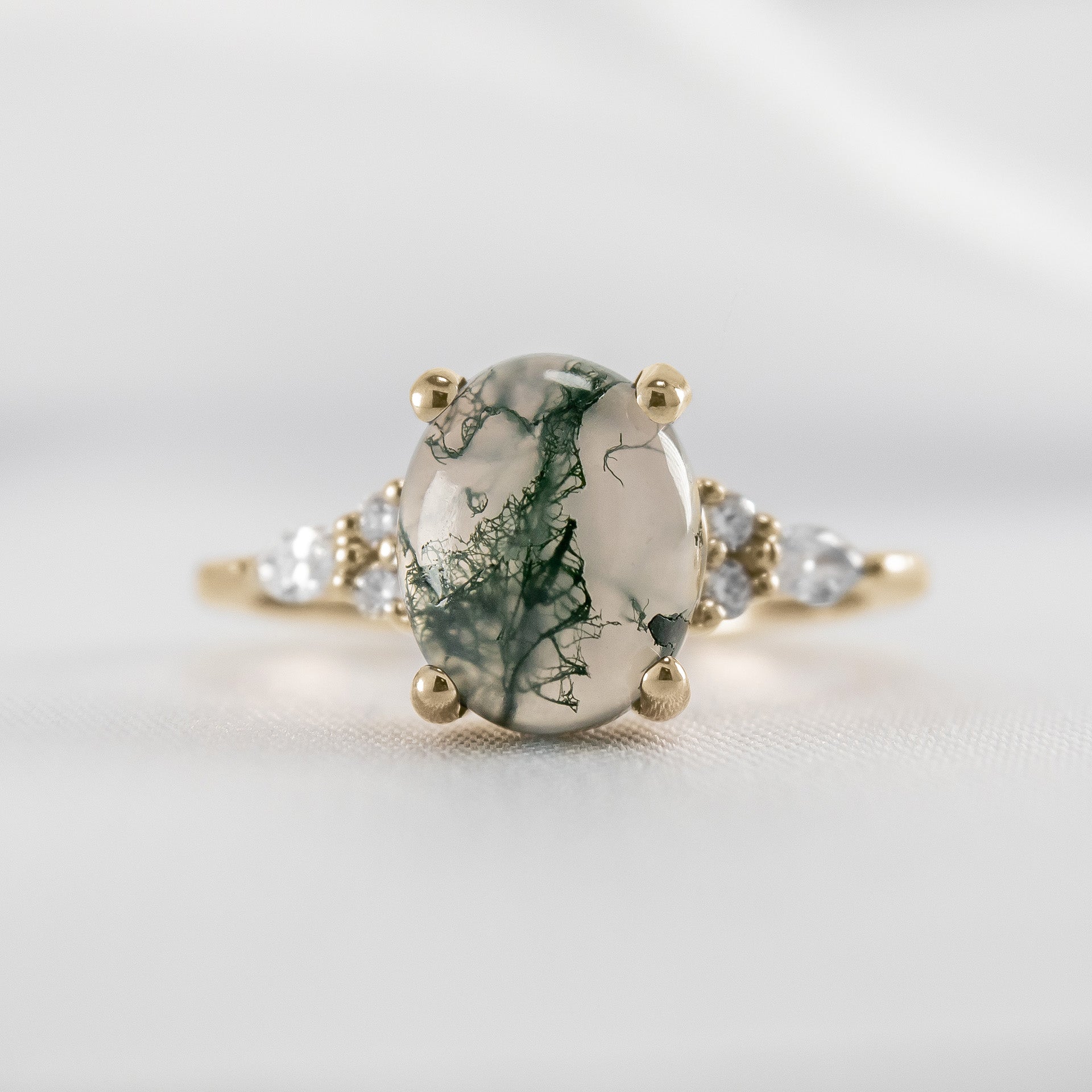 Shown in 10x8mm Moss Agate*The Sophia Oval Moss Agate Lab Diamond Accented Engagement Ring | Lisa Robin#color_14k-yellow-gold
