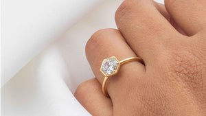 Genevieve Vintage Style Hexagon Diamond Engagement Ring in Yellow Gold on hand | Lisa Robin