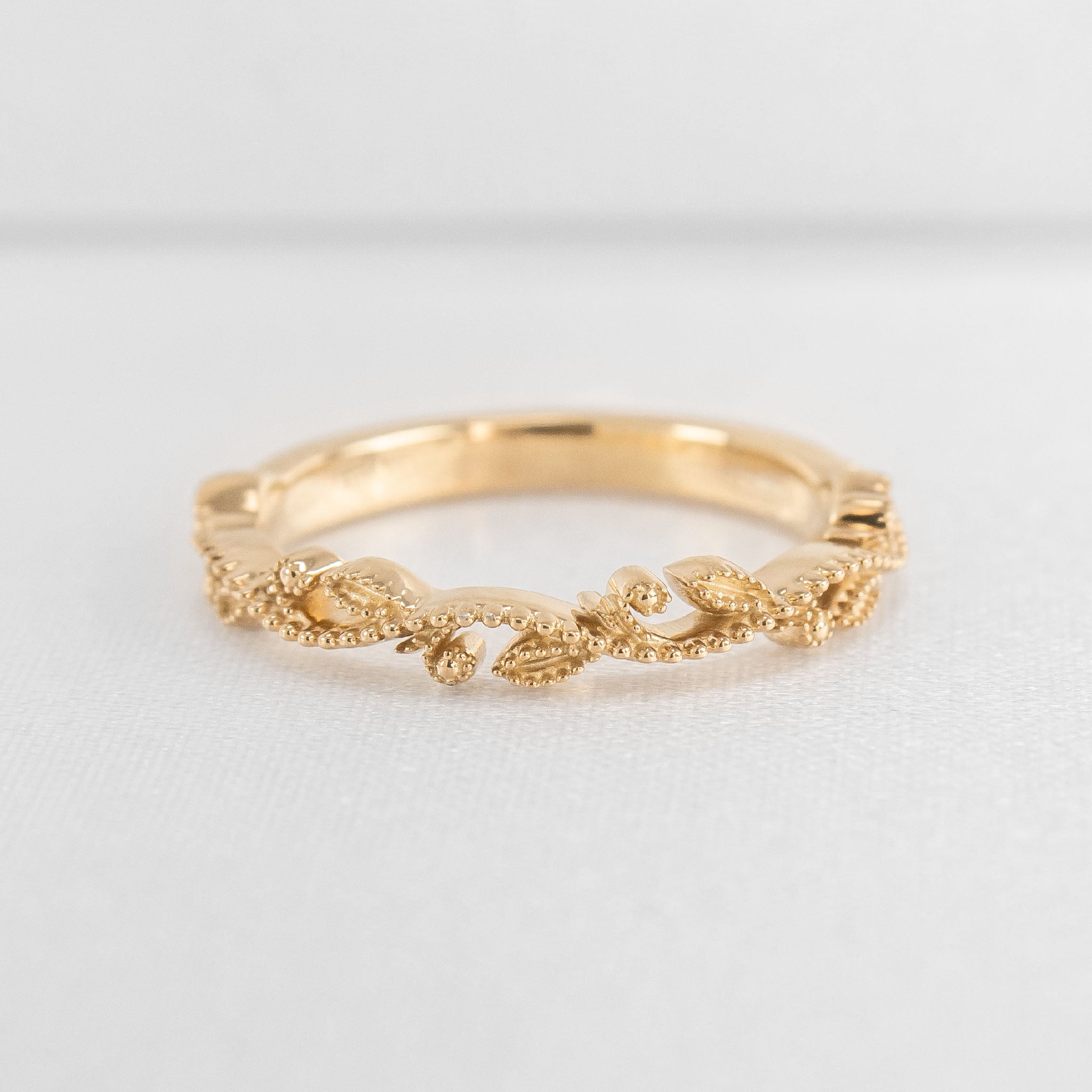 The Willow Milgrain Leaf and Vine Diamond Wedding Ring in 14K yellow gold from top angle by Lisa Robin#color_14k-yellow-gold