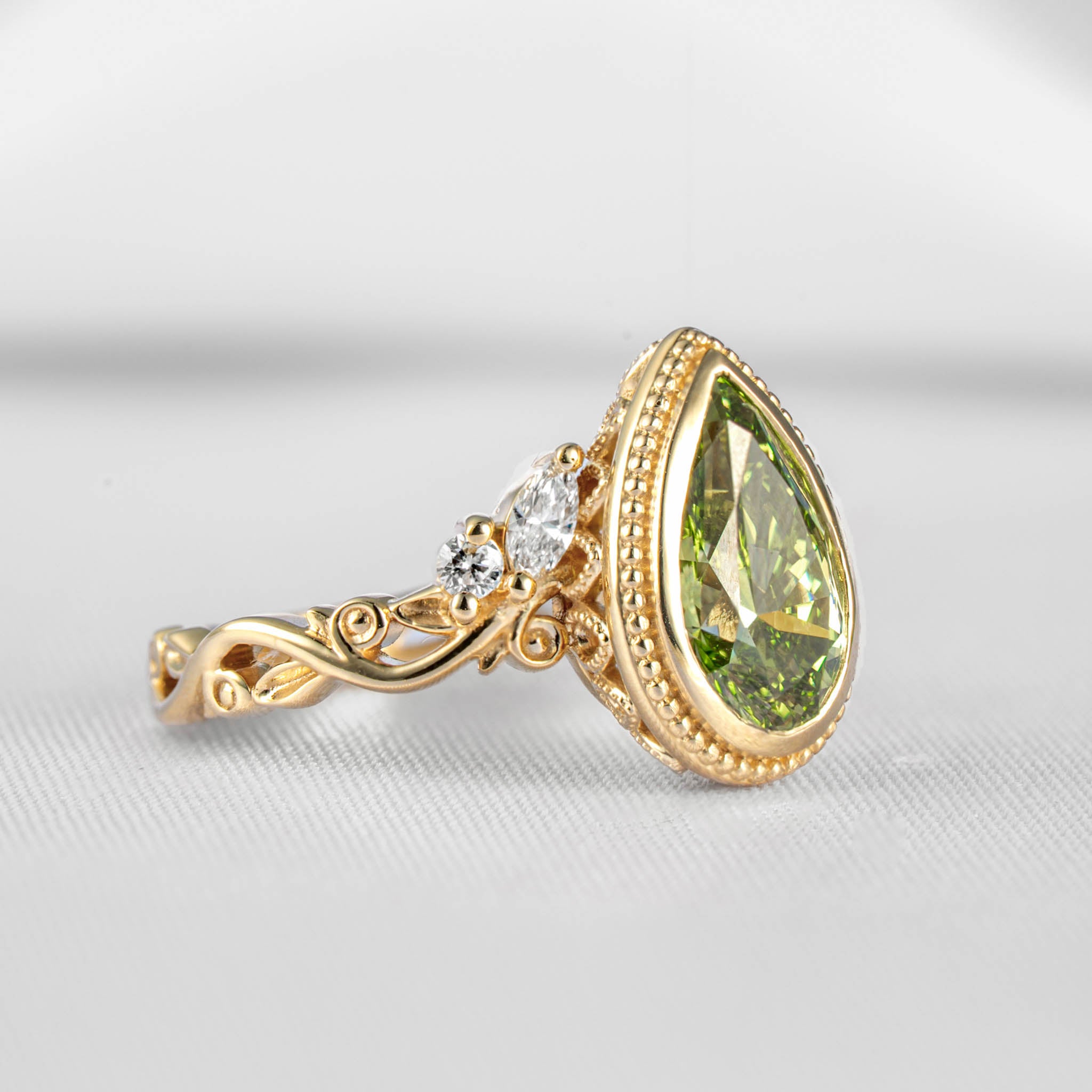 Fable victorian style bezel engagement ring with 2.0 carat green pear diamond in yellow gold | Lisa Robin