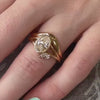 kallely bezeled oval diamond 1.75 carat 14k yellow old engagement ring with Kiran curved wedding ring on model | Lisa Robin
