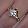 Shown in 2 Carat Diamond*The Galaeth Cluster Diamond Engagement Ring with cushion cut diamond in yellow gold with the Maeve curved lab diamond 14K yellow gold wedding band by Lisa Robin Jewelry