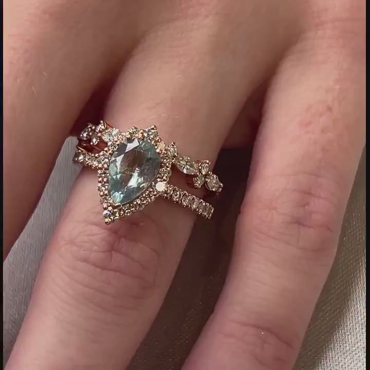 The Sierra 1.25 Carat Aquamarine Pear Halo Wedding Set