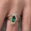 Hadley green diamond halo engagement ring in marquise 2.5 carat yellow gold with Kendall curved round diamond wedding ring by Lisa Robin