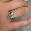 Jaylin floral halo round diaond enagement ring stacked with Jaden chevron and twilight curved diamond wedding rings by Lisa Robin
