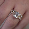 Shown in 5 Carat Diamond*The Safa Vintage Side Stone diamond Engagement Ring with radiant cut diamond in yellow gold on model hand by Lisa Robin jewelry 