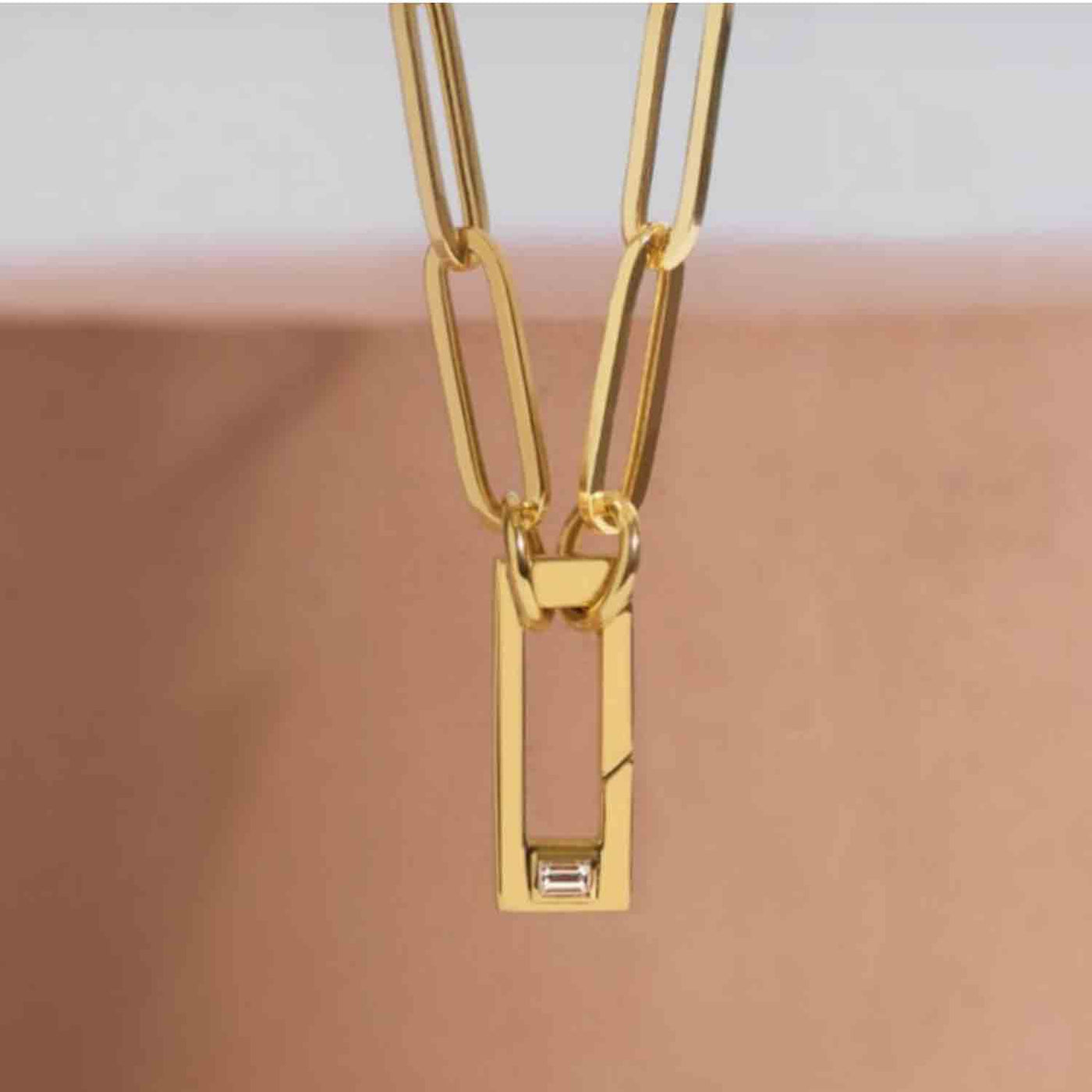 Retangular with baguette diamond push lock on paper clip chain | Lisa Robin