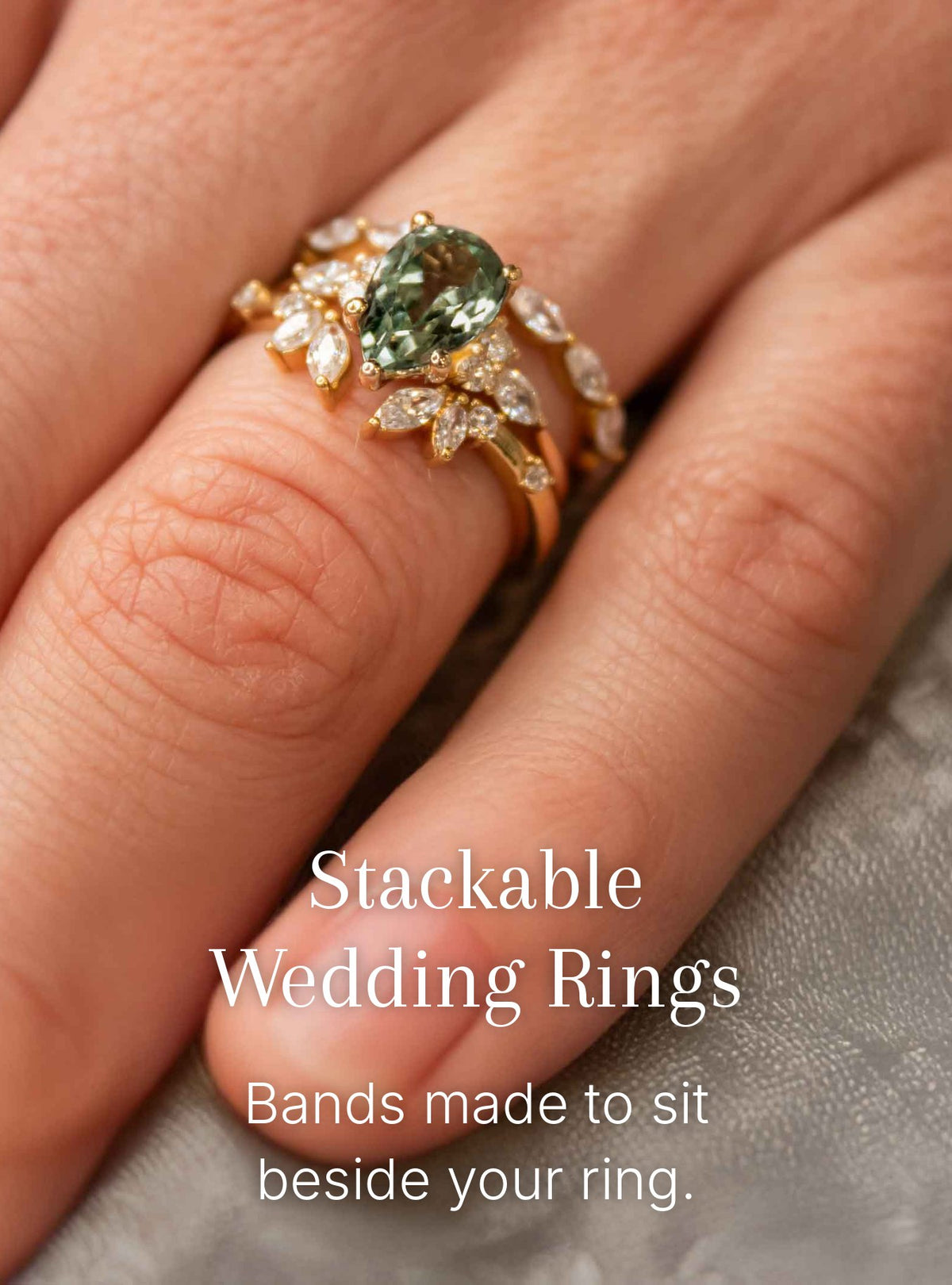 Stackable Wedding Rings: the Sophia green sapphire engagement ring with the Claire and Finley diamond wedding rings in 14K yellow gold by Lisa Robin