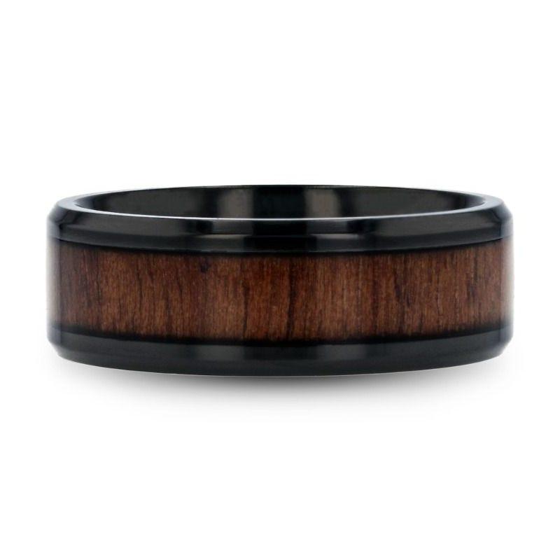 KONY Black Titanium Polished Beveled Edges Black Walnut Wood Inlaid Men’s Wedding Ring - 6mm & 8mm