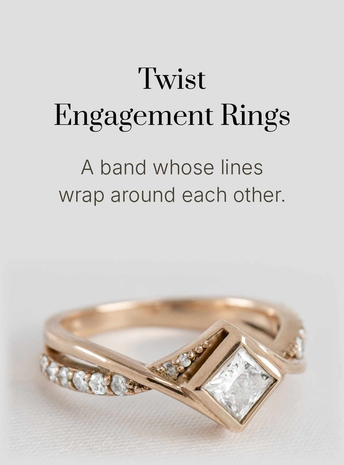 Twist Engagement Rings: the Oakley twist engagement ring in rose gold with a bezel-set princess cut diamond