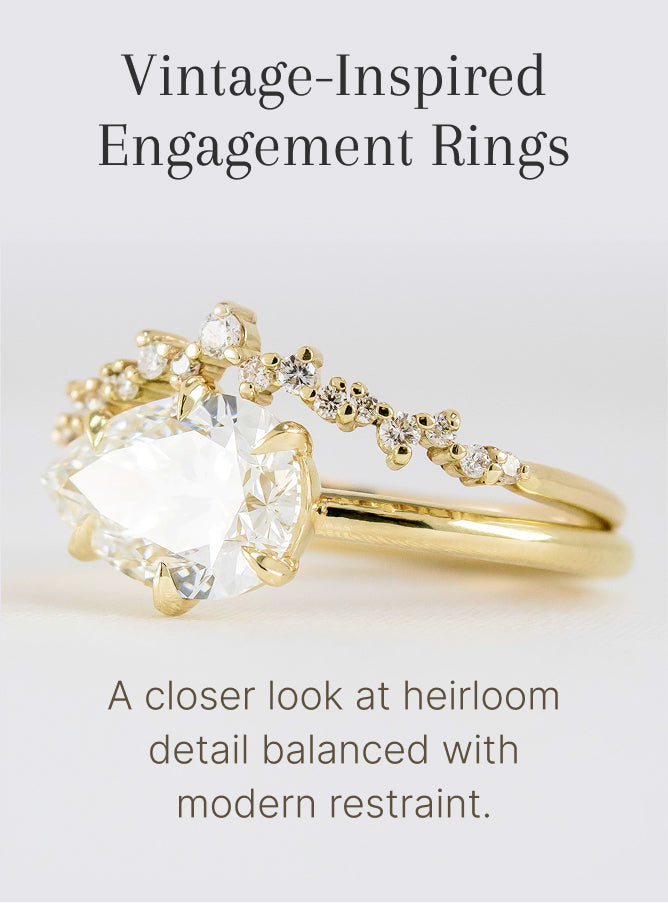 Vintage-inspired engagement ring with pear diamond and wedding ring in 14k yellow gold by Lisa Robin