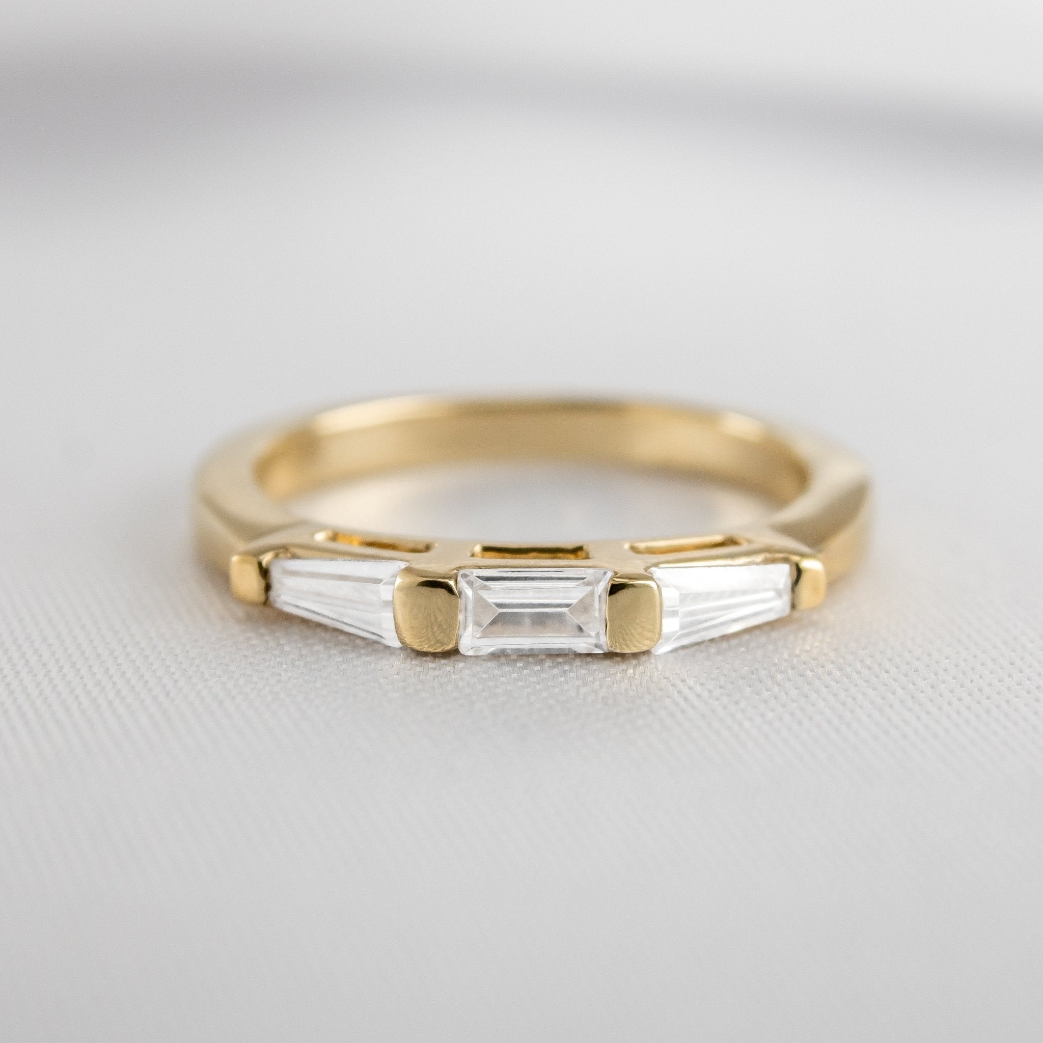 Dillon Tapered Baguette lab diamond 14K yellow gold wedding band from top view by Lisa Robin#color_14k-yellow-gold