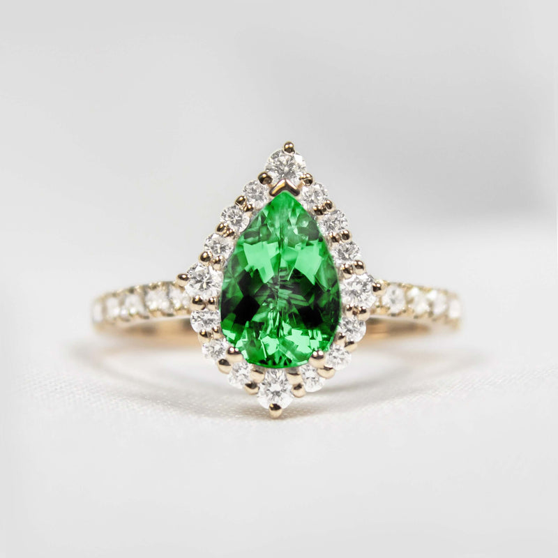 The Sierra Pear Emerald Halo Engagement Ring